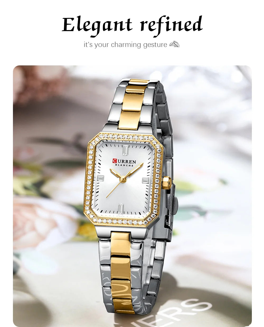 CURREN Luxurious Elegant Women's Watches Classic Rectangular Dial with Rhinestones Luminous Hands Waterproof