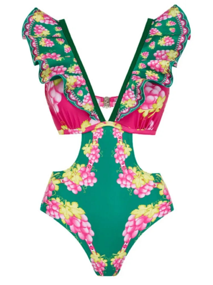 Retro Green Bikini Printed Fashion One Piece Swimsuit And Cover Up With Skirt Tight Women's Bandage Summer Beach Luxury Elegant