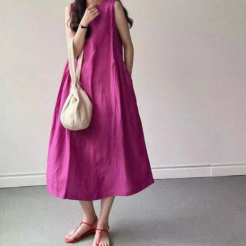 Minimalist Summer Lazy Style round Neck Long Oversized Sleeveless Dress Maxi Dress Comfortable Loose Fit V-Neck Knee-Length Dres