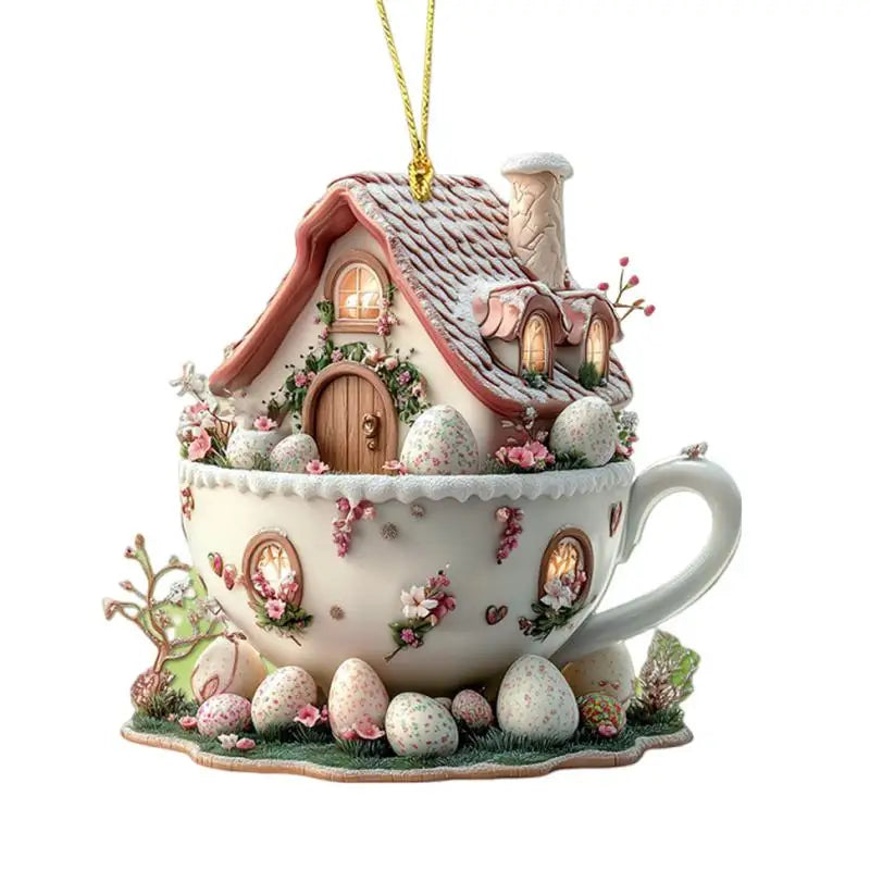 Easter Coffee Cup Ornaments Cartoon Bunny Egg House Coffee Mug Decorative 2D Acrylic Ornaments 2025 Spring Party Supplies