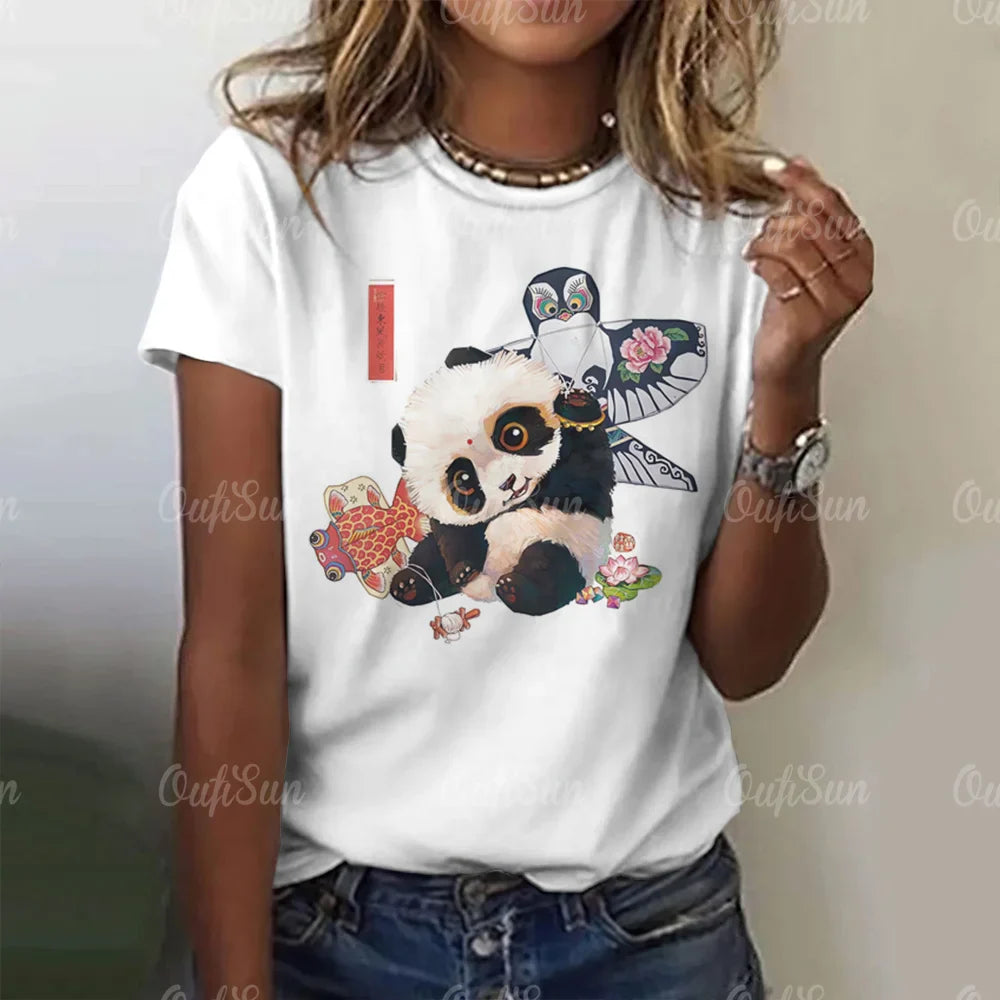 Cartoon Panda Pattern Women's T-Shirt O Neck Short Sleeve Tees Loose Pullover Summer For Ladies Female Fashion Streetwear Tops