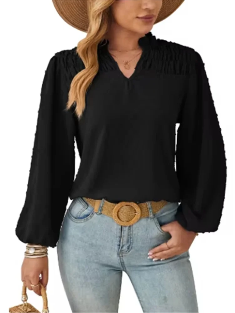 Women's Pleated Jacquard Blouse Lady Solid Color V-Neck Long Sleeve T-Shirt Elegant Autumn Work Top