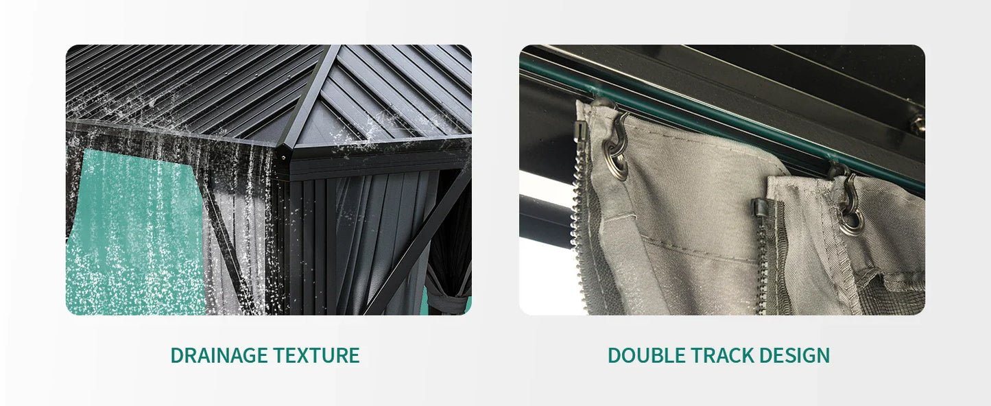 10x10ft Hardtop Gazebo, Nettings and Curtains, Heavy Duty Double Roof Galvanized Steel Outdoor Combined of Vertical Stripes Roof
