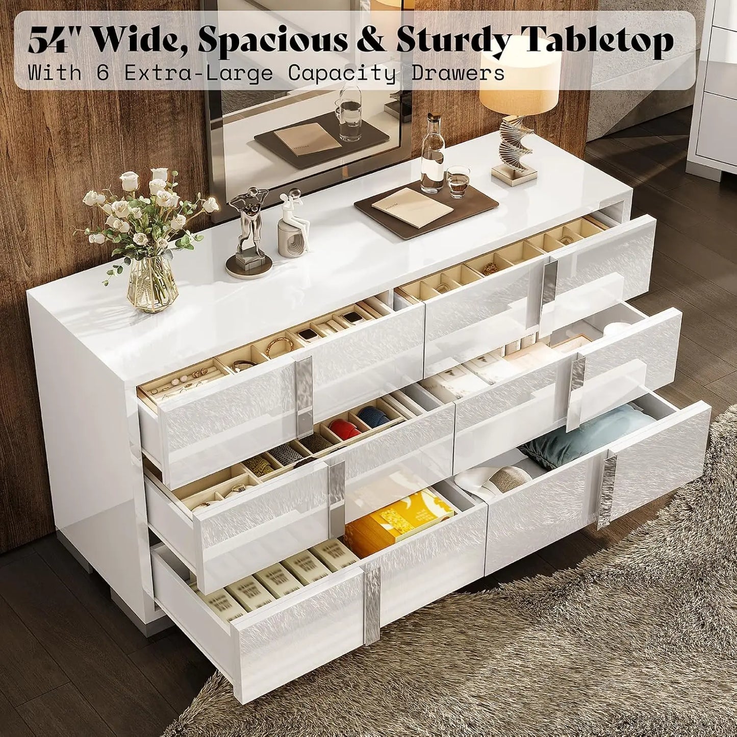 Modern Storage Chest of Drawers with Wide Tabletop, 54" W High Gloss 6 Drawers Dresser with Silver Grooved Handles.