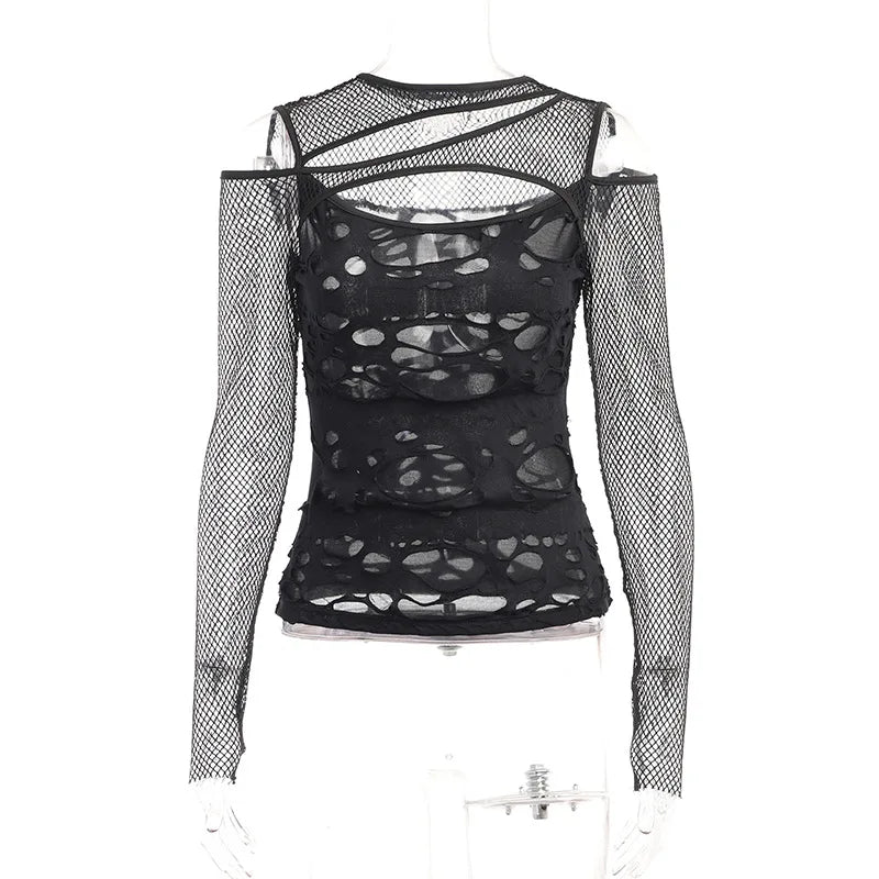 Goth Dark Frayed Mall Gothic Hollow Out T-shirts Grunge Punk Fishnet Patchwork Women Blouses Sexy Long Sleeve Alt Streetwear Top