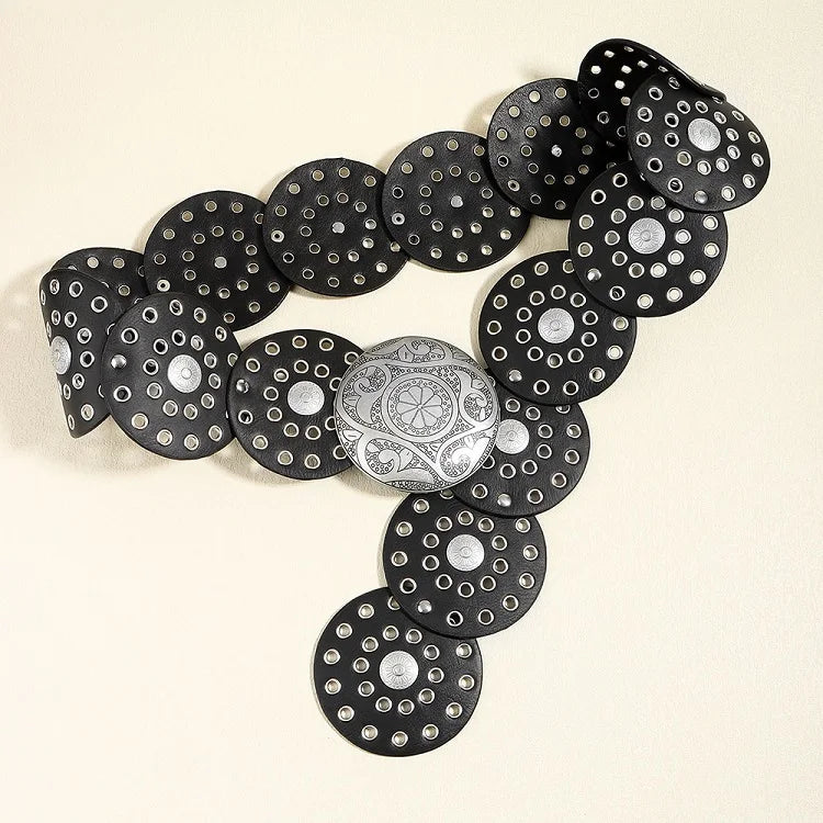 Women's Western Denim Belt High Quality Metal Hollow Ladies Trend Wide Waistband Vintage Personalized Round Belts DT148