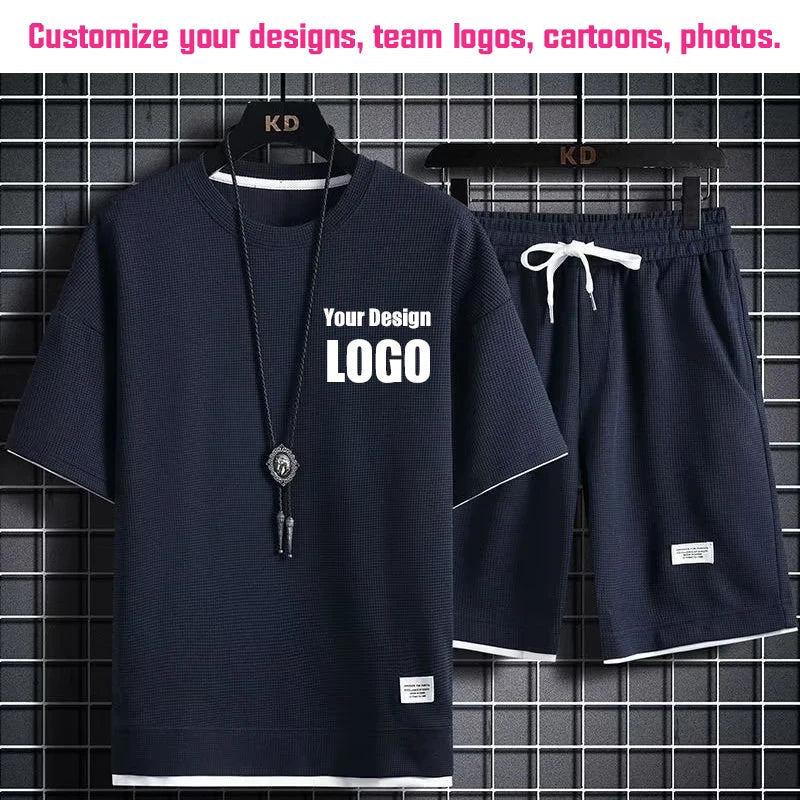 Personalized Custom Print Short Sleeve  T-Shirt Sport Shorts 2 Piece Sets Men's Summer Outfit Breathable and Quick-drying