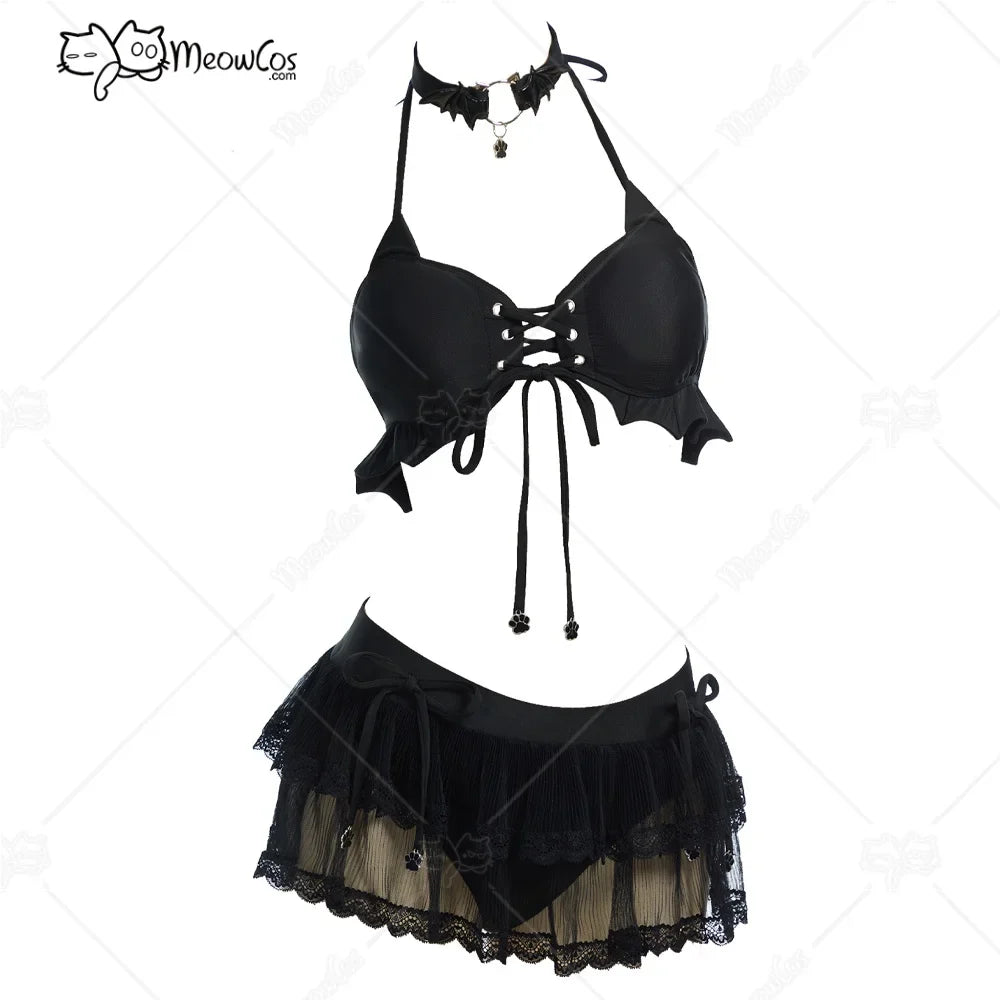 Meowcos Women‘s Midnight Meow Gothic Black Cat Bat Two-Piece Swimsuit Halter Top and Skirt Bathing Suit with Choker
