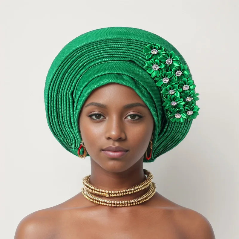 Red Multi-Layered, Turban Hat African Fan Shaped Head Wraps ,Pleated Headwear With Crystal.