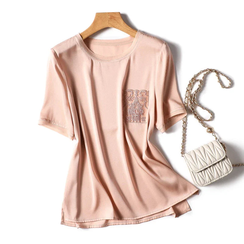 Silk T-shirt for Women Summer 2023 New In Solid Loose Satin Tees Short Sleeve Casual Top Korean T Shirt O-Neck YCMYUNYAN