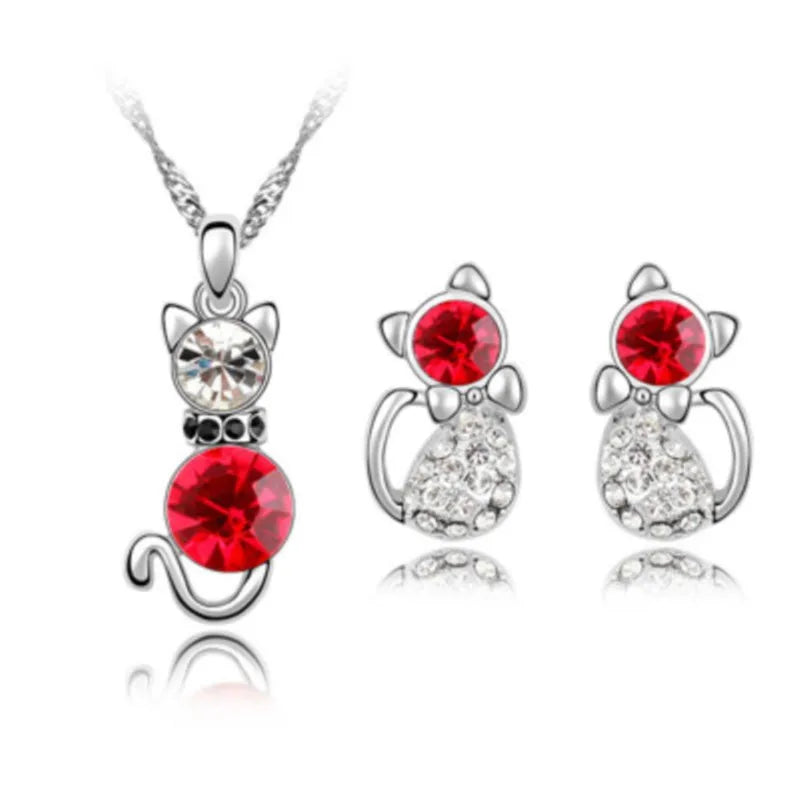 Crystal cute cat catty pendant necklace earrings quality charm lover gift fashion jewelry set birthday summer party dropshipping