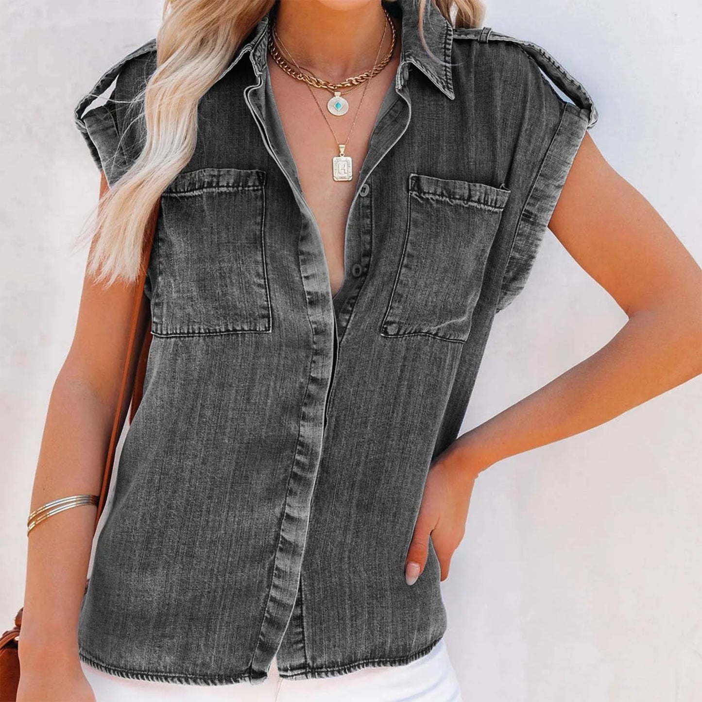 Summer Sleeveless Blouse Pure Color Retro Women'S Short Sleeve Denim T-Shirts Fashionable Street Outdoor Versatile Top 2024