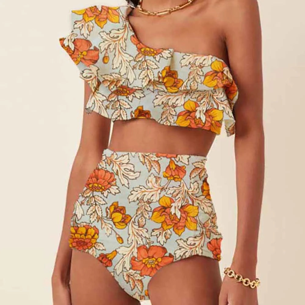 Women's Printed Ruffle Swimsuit Fashion One Shoulder Slash Breasted Bikini Two Piece High Waisted Tummy Tuck Beachwear 2024 New
