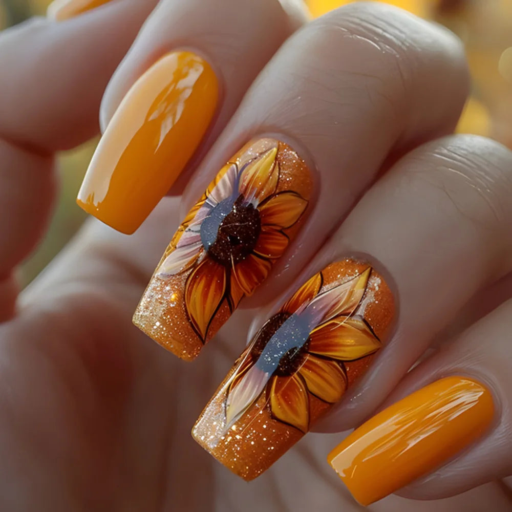 24pcs Golden Stripe Press on Nails Long Square False Nails Full Cover Nail Tips.