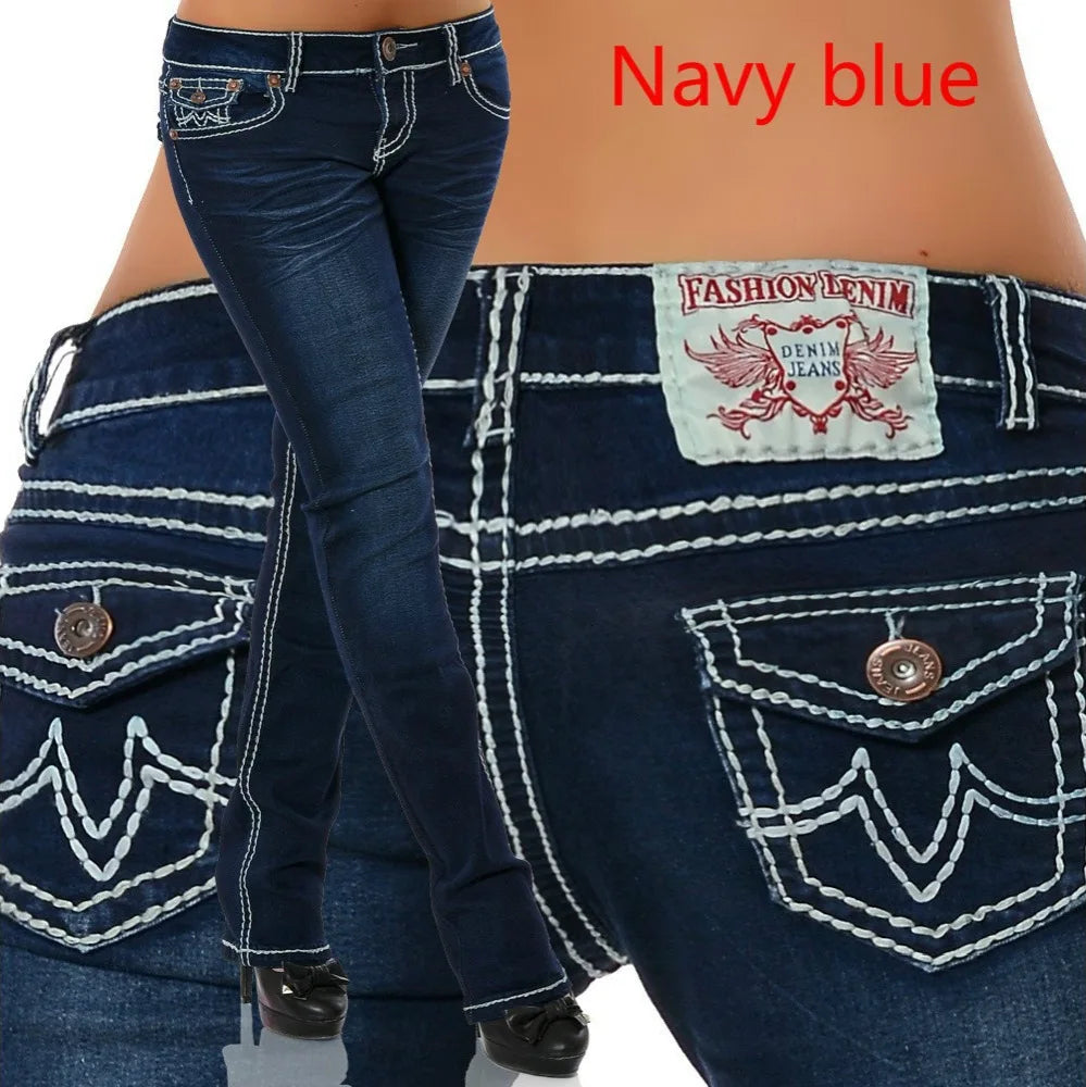 2026 Spring Summer Women's Embroidered Denim Jeans Pants High Waist Straight Trousers Slim Fit Bottoms