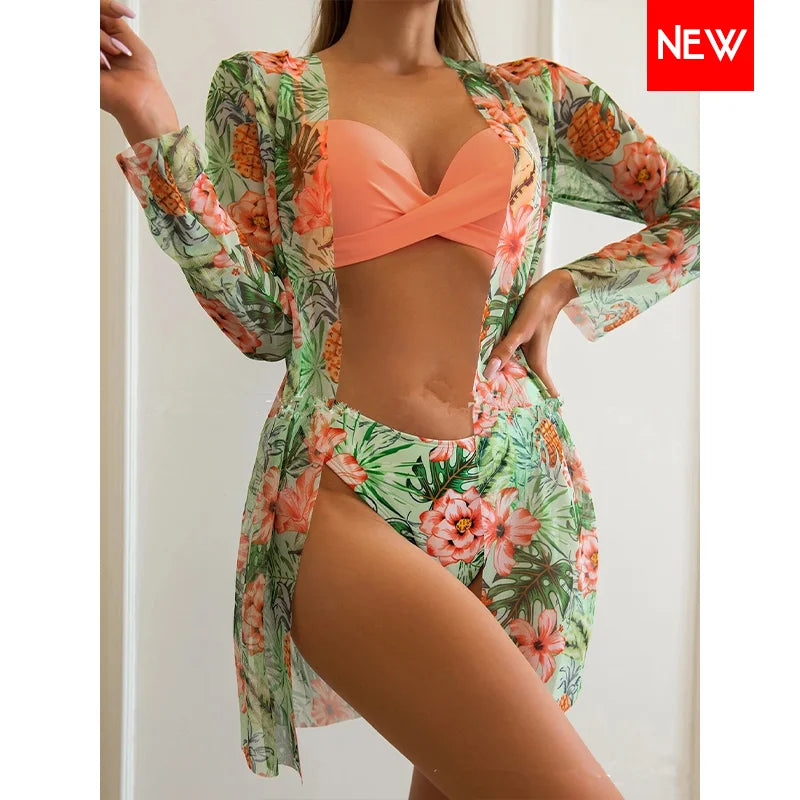 Three Pieces Bikini Set Cover Up Women New Push Up Twist Swimsuit Print Long Sleeve Swimwear Biquini Bathing Suit Summer