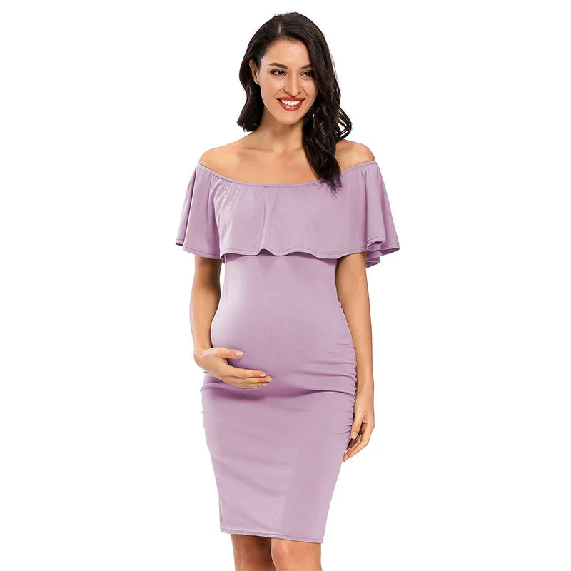Liu&Qu Women's Maternity Dress Off Shoulder Ruffle Sleeveless Bodycon Dress Elegant Ruched Sides Bodycon Dresses for Baby Shower