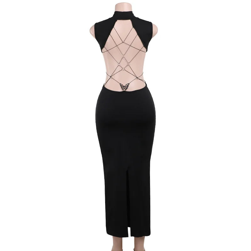 Sexy Backless Bandage Bodycon Maxi Dress Women Turtleneck Sleeveless Black Gothic Party Vestido 2024 Spring Fall Y2K Clothes