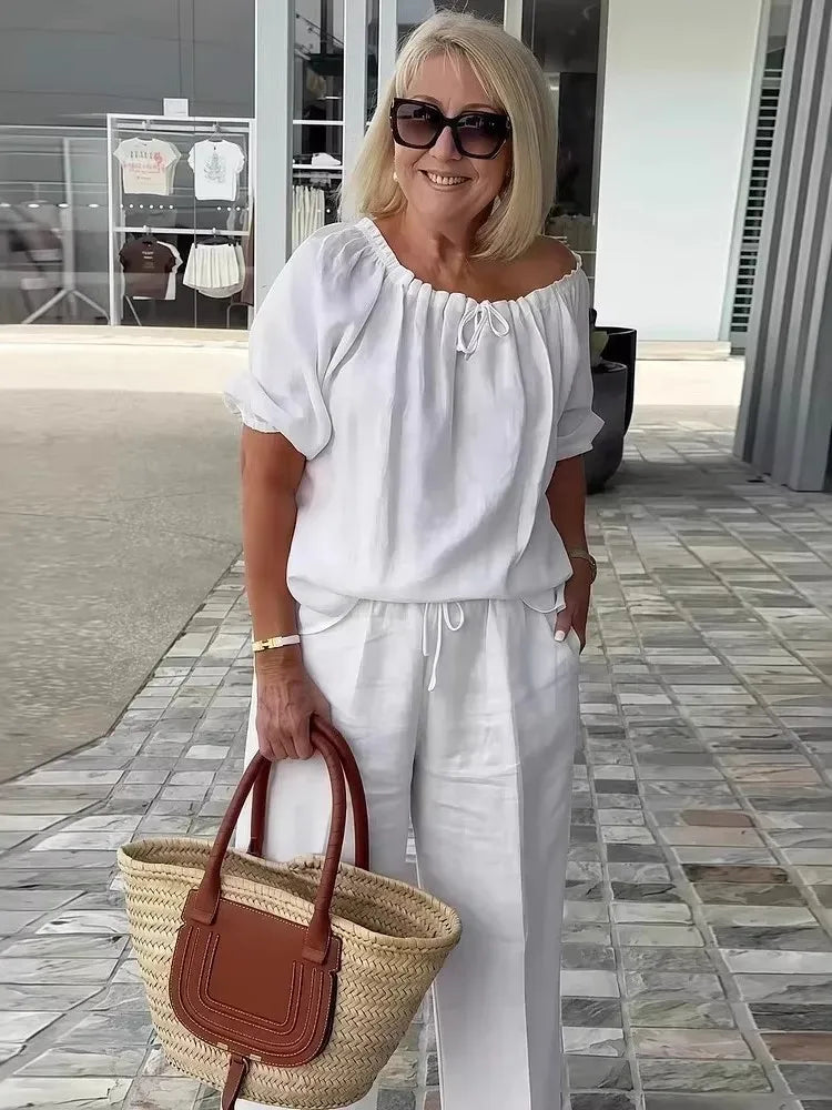 Fashion Casual Woman 2 Piece Set Outfit New Spring And Summer Women's Loose Drawstring Round Neck Top And Pants Two-piece Set