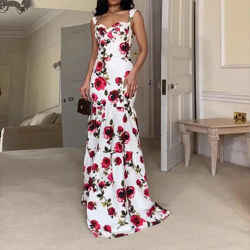 Ellafads Maxi Dress Women Summer Elegant Fashion Floral Print Suspender Sleeveless Slim Backless Evening Beach Maxi Dresses