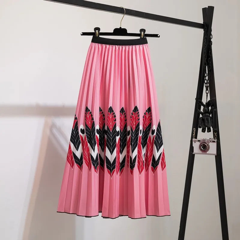 2023 Summer Women Cartoon Print Pleated Skirts A Line High Waisted Elastic Midi Long Skirt Ladies Party Korean Style Dresses