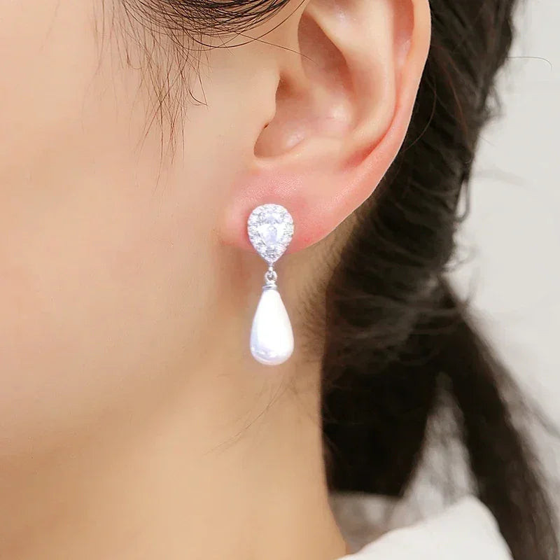 ZAKOL Stylish Teardrop Imitation Pearl Dangle Earrings Water Drop Cubic Zirconia for Women Bridal Earring Wedding Jewelry Bijoux