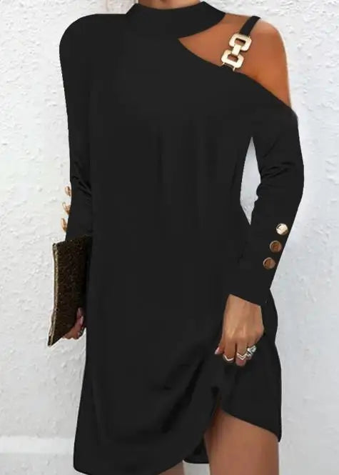 Women's Dress Long Sleeve Shift Dress Autumn 2023 Elegant Simple Metal Buckle Halter Neck Button Dress Women's Work Mini Dress