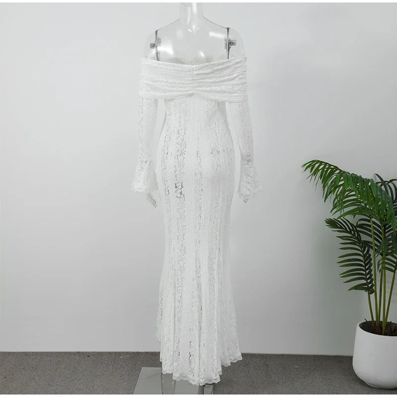 Hollow Out Lace Backless Slim Long Dress Women Strapless Lace Up Off Shoulder Dresses Chic 2025 New Sexy Female Party Club Robes