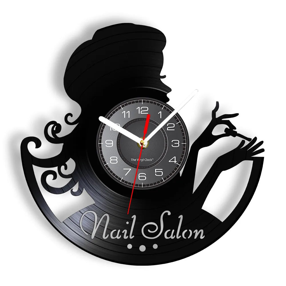 Manicure Design Wall Clock Fashion Beauty Store Wall Art Salon Vinyl Record Wall Clock Beauty Home Decor Gift For Her
