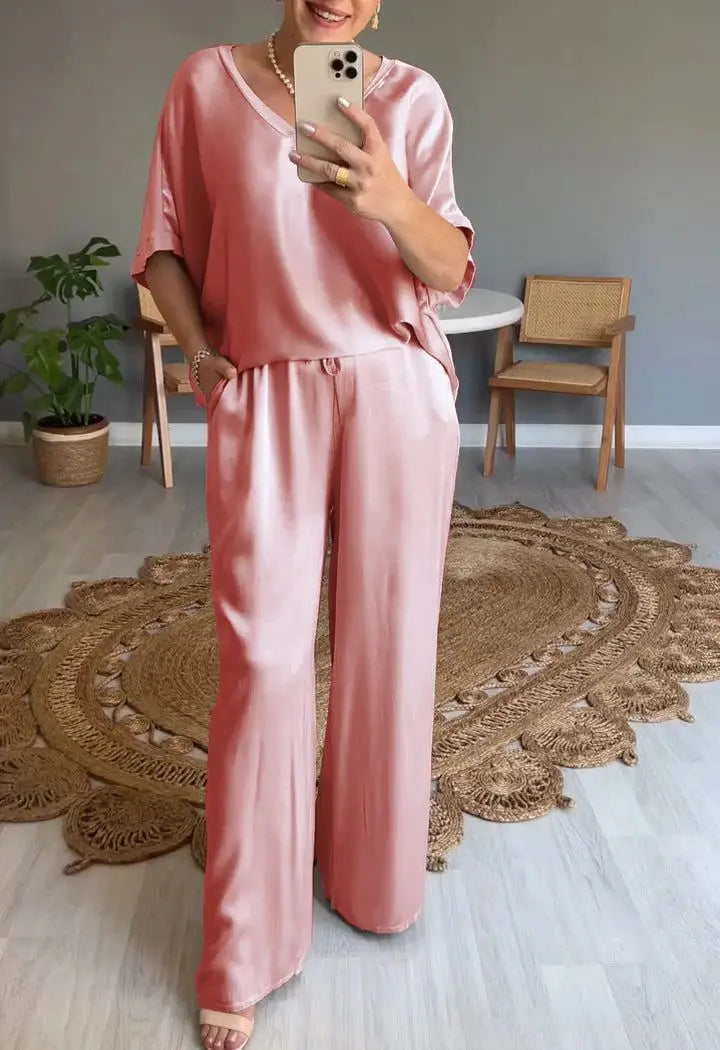 Summer Short-sleeved T-shirt Two-piece Set For Women V-neck Top Pullover Wide-leg Pants Suit For Women Spring Loose Satin Suit