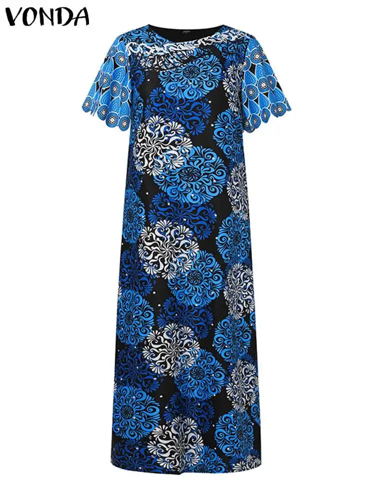 VONDA Summer Printed Maxi Dress Women Bohemian Dresses Short Sleeve Long Sundress 2024 Elegant Casual Loose Beach Vestidos Robe