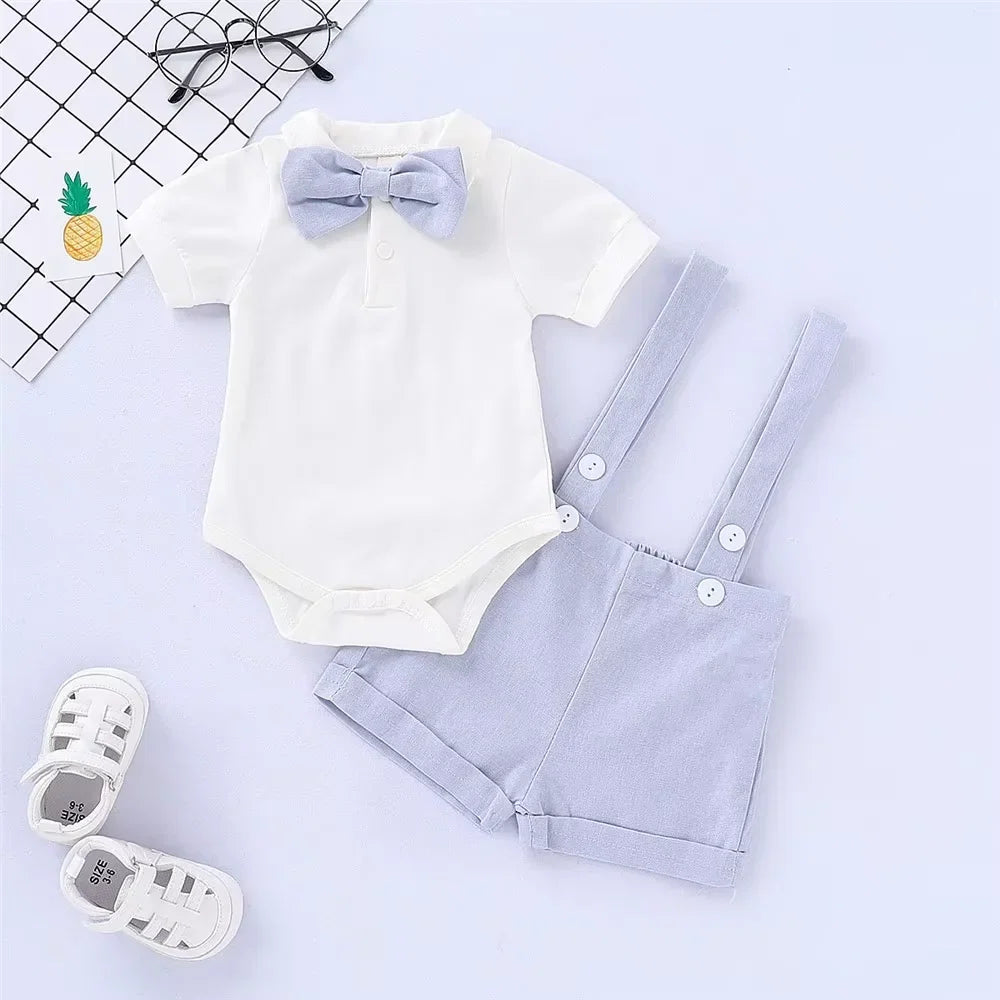 Mini Gentleman Outfit Newborn Baby Boy Formal Costumes Short Sleeve Shirt With Bow + Romper Short Pants Summer Fashion 2 Pcs Set