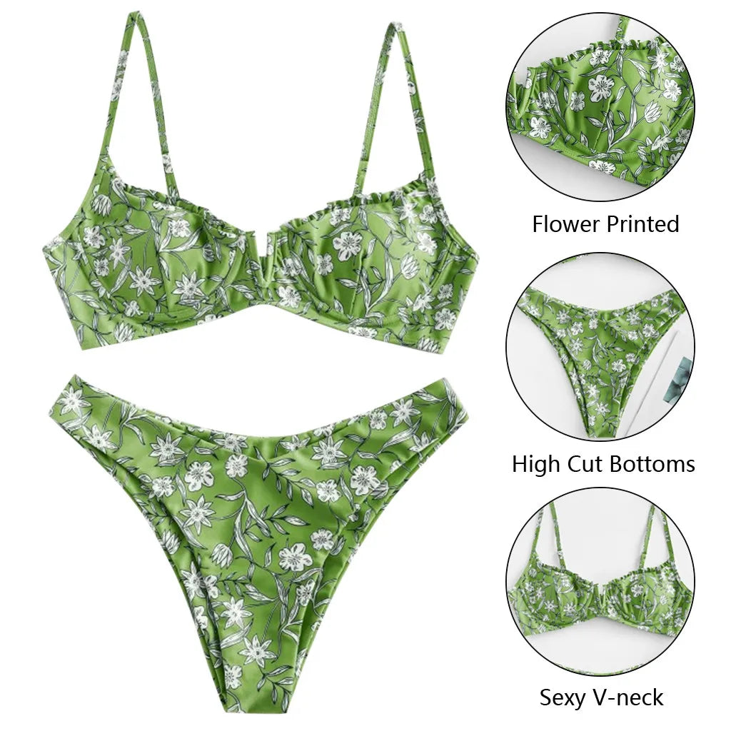 Beach Swimsuits Women Floral Printed Bikinis Set Push Up Bra Split Tankinis Set Summer 2pcs Sexy Bikinis Female Boho Beachwear