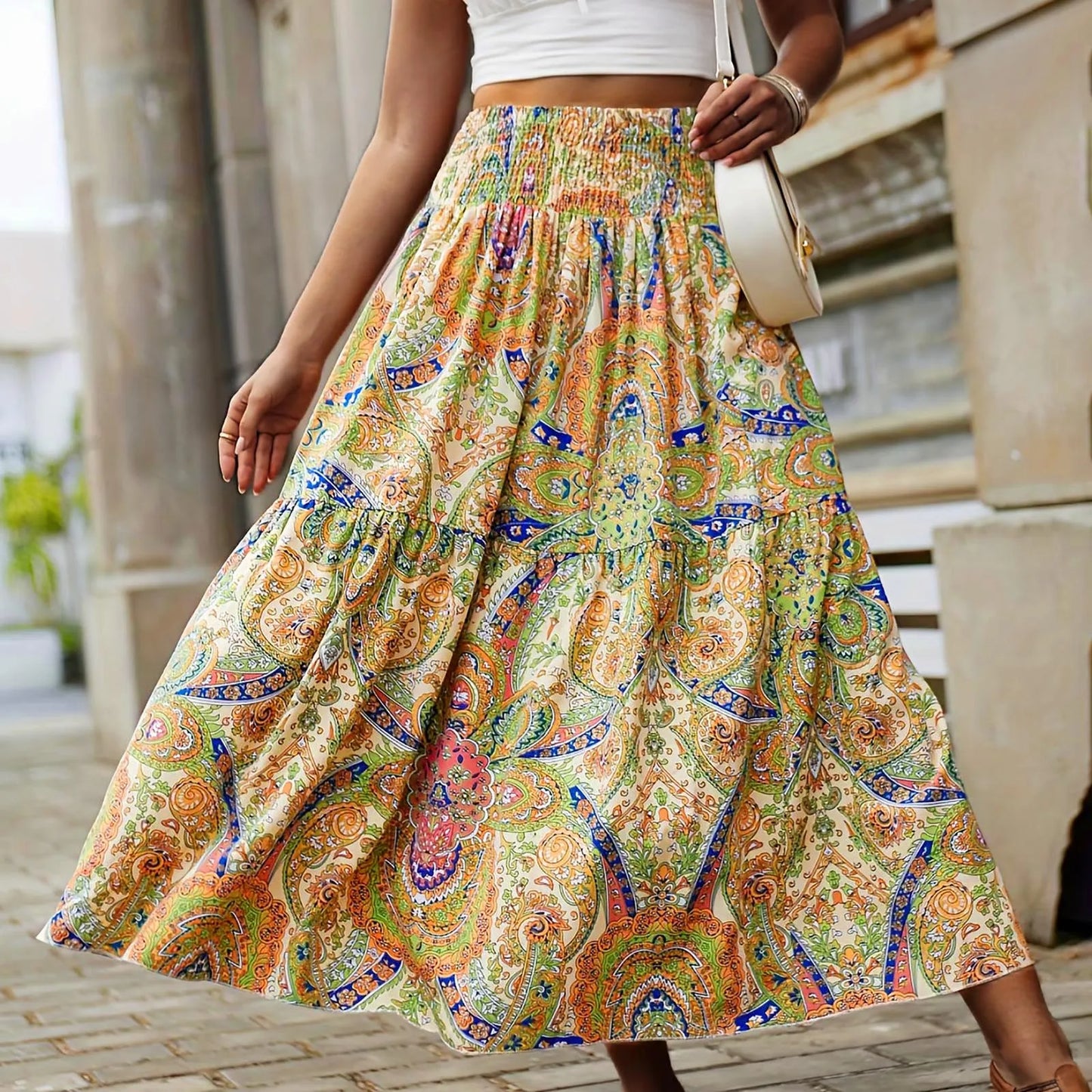 Vintage Boho Skirts For Women Summer Elastic Waist A-Line Faldas Bohemian Printed Flowy Skirt Beachside Swing Maxi Long Skirts