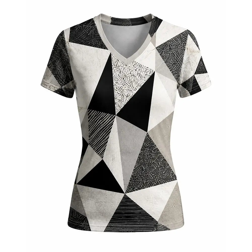 Women's Geometric Abstract Print V-Neck T Shirt Daily Casual Commuting Short Sleeve Tops Summer Street Vintage Slim Fit Tees