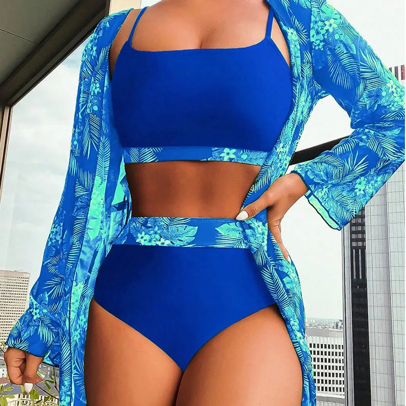 SWELTERING New Sexy High Waist Bikini 3 Piece Set Maple Leaf Printed Swimsuit Women's Bikini Set Split Swimwear Long sleeved Top