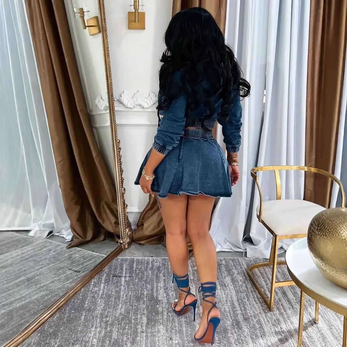 Autumn Women's Clothing Matching Sets Long Sleeve Denim Jacket Short Skirt Polyester Washed Jean 3D Effect Regular Sleeve