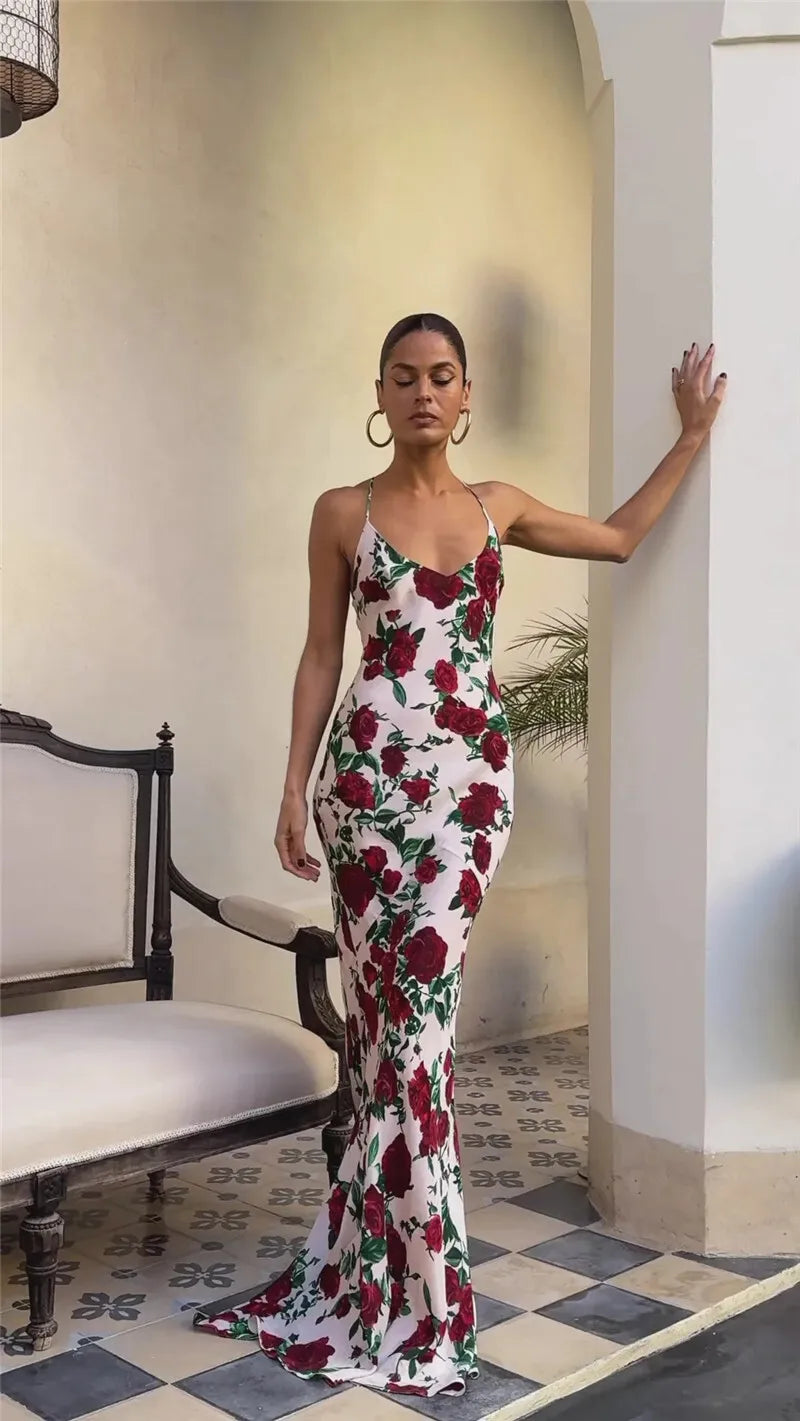 Mozision Halter Backless Print Sexy Maxi Dress For Women Gown Elegant Sleeveless High Waist Evening Club Party Long Dress