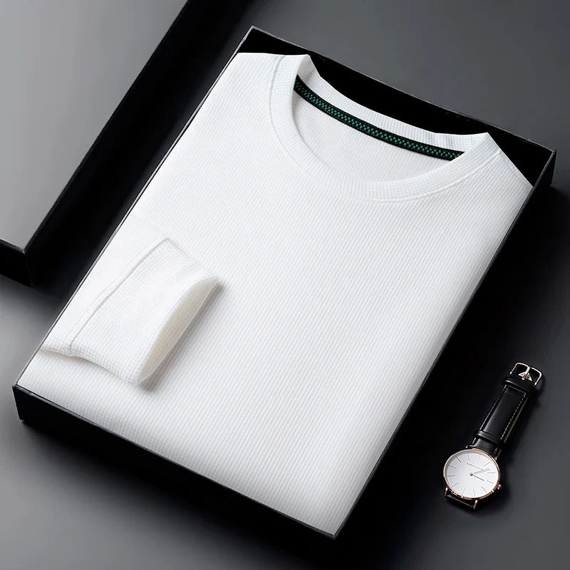 Men Casual Waffle Round Neck T-shirt Breathable, Comfortable, and Fashionable Long Sleeved T-shirt.