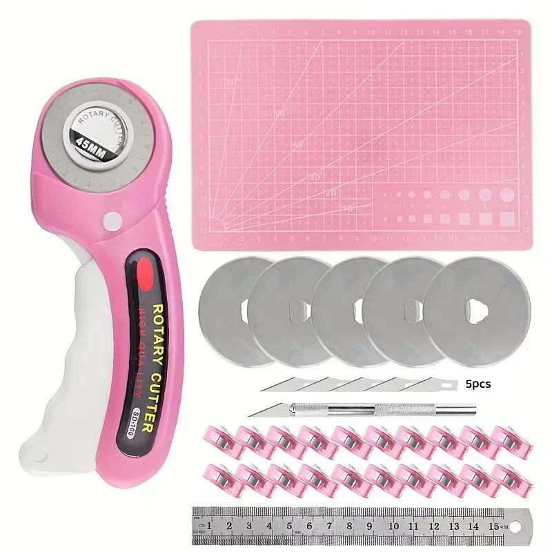 25PCS Rotary Cutter Set Quilting Kit 45mm Fabric Cutter with Blades & A4 Cutting Mat & Craft Knife Set & Sewing Clips for Sewing