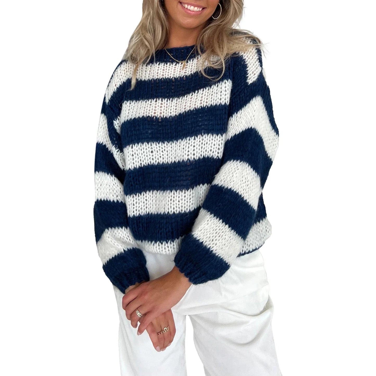 Women s Striped Sweater Vintage Loose Boat Neck Long Sleeve Pullover Tops for Fall Winter