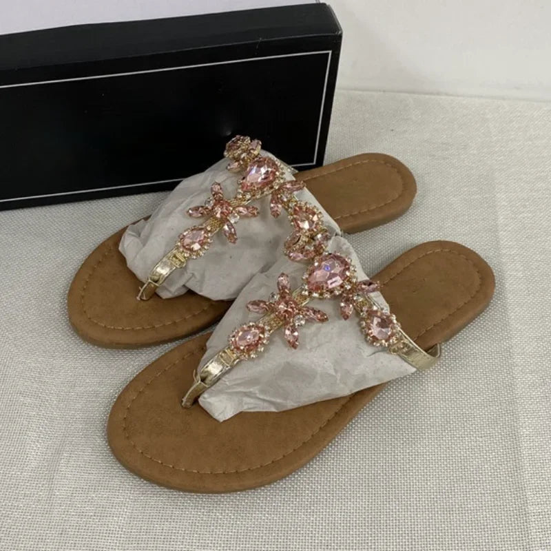 2024 Trendy Summer Women's Shoes Large Size Beautiful Crystal Shiny Flat with Female Sandals  Bohemia Back Strap Footwear