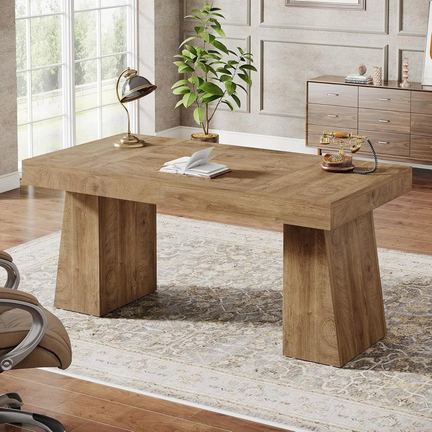 Executive Desk, Modern Home Office Desk with Trapezoid Base, Wood Computer Desk Workstation Small Conference Table.