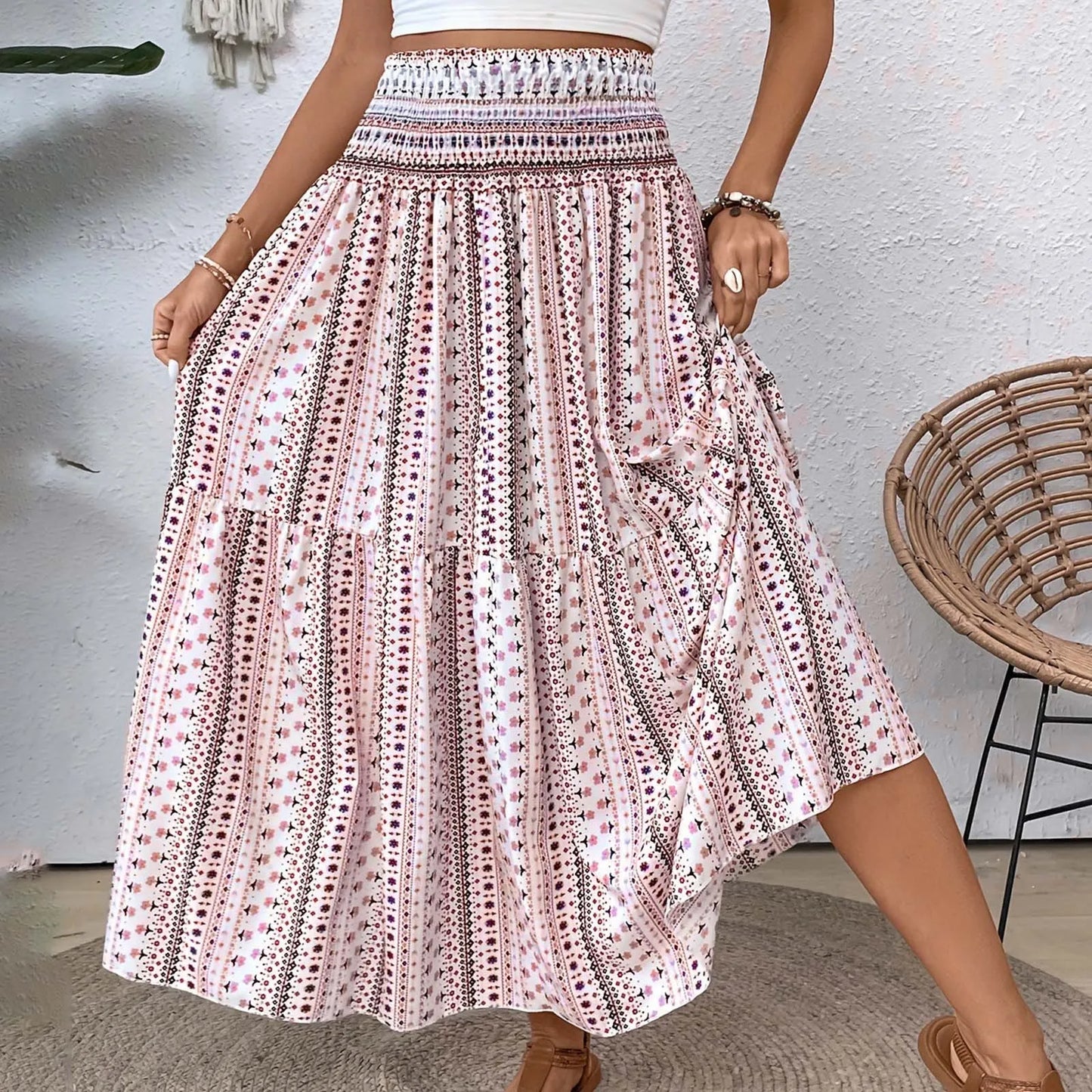 Vintage Boho Skirts For Women Summer Elastic Waist A-Line Faldas Bohemian Printed Flowy Skirt Beachside Swing Maxi Long Skirts