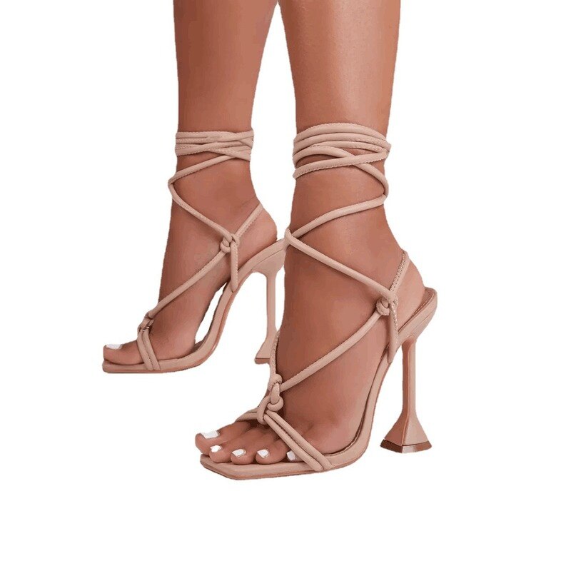 Summer New Sexy Pumps Black Open Toe Cross-Tie Womens Sandals Fashion Narrow Band Mesh Weird Banquet Heels Plus Size 35~43