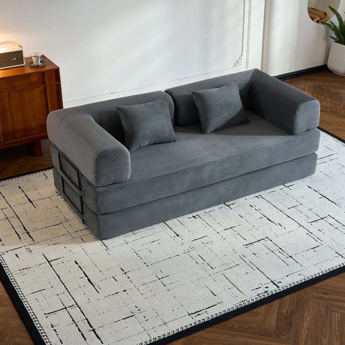 79" Folding Convertible Sofa Bed, Oversized Corduroy Futon Floor Couch, Boneless Loveseat for Small Spaces, Living Room, Bedroom