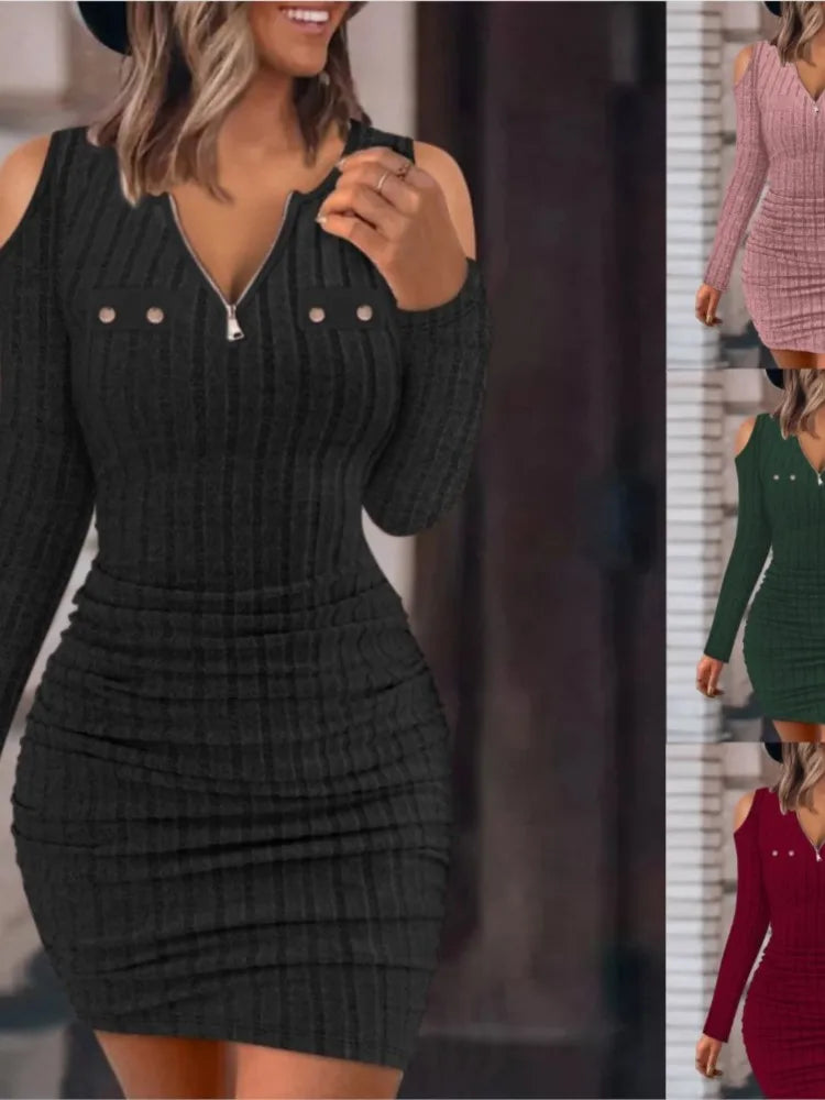 Fashion Woman Dress 2024 Autumn Winter Cold Off Shoulder Zipper Ribbed Casual Plain Long Sleeve Bodycon Mini A Line Dresses