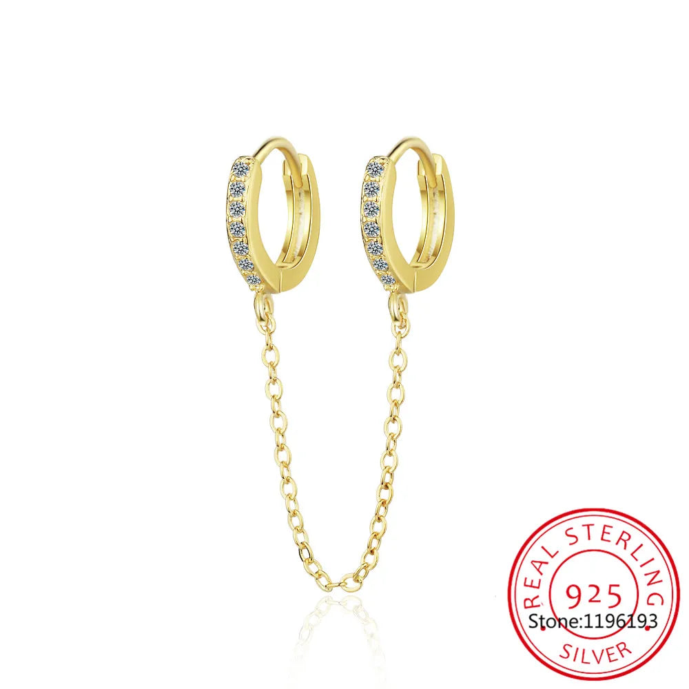 Solid 925 Sterling Silver Double Earrings Chain Small Round Circle Hoop Tassel Ear Rings Two Ear Holes Helix Piercing SE178