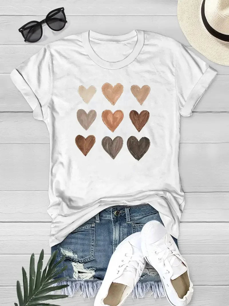 Women's Heart Print Crew Neck Loose Short Sleeve Sports Casual Top For Summer