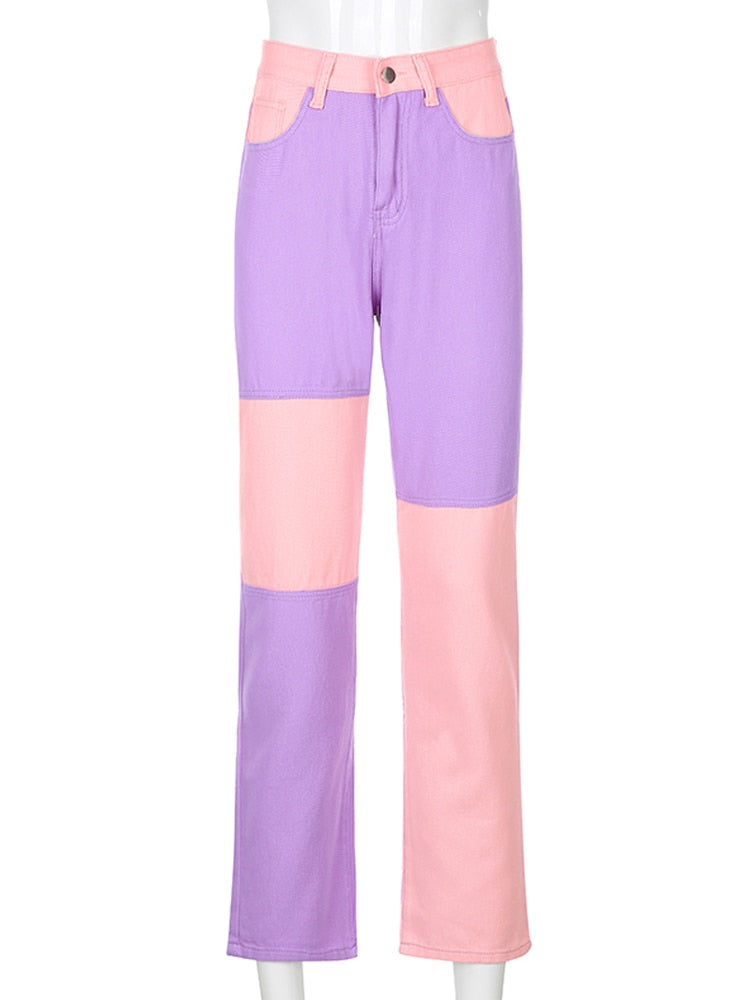 HEYounGIRL Patchwork Casual Blue Straight Long Jeans Pants Women Skinny Slim Elegant High Waist Denim Trousers Ladies Autumn